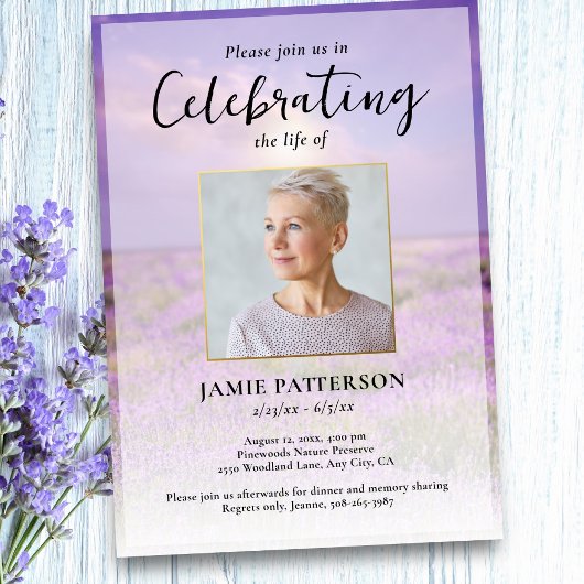 Invitation Lavender Flower Celebration of Life Photo Funeral 