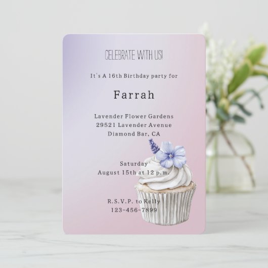 Invitation Lavender Flower Cupcake Birthday   (Debout devant)