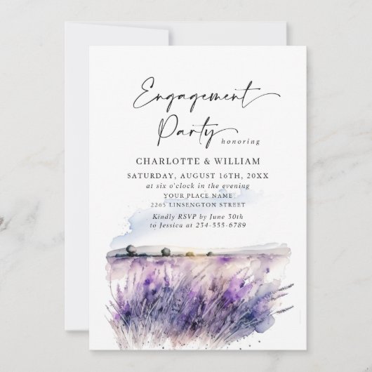 Invitation Lavender Flowers Champ ENGAGEMENT PARTIE QR code (Devant)