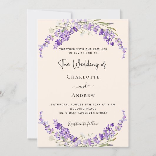 Invitation Lavender flowers champage cream wedding (Devant)