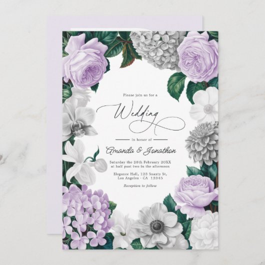 Invitation Lavender Fog, Heather Gray & Winter White Wedding (Devant / Derrière)