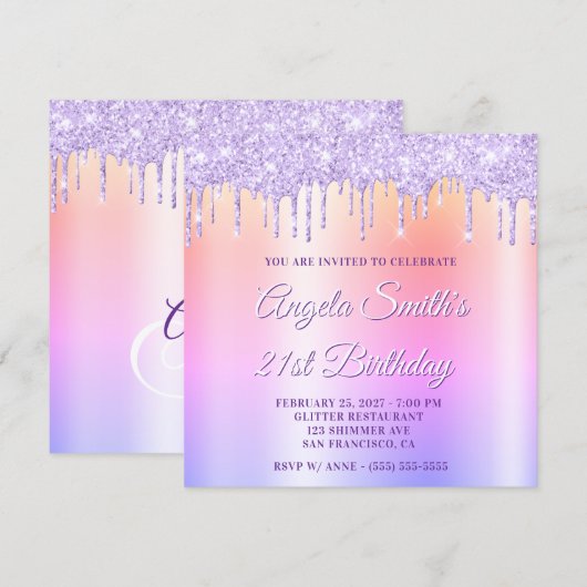 Invitation Lavender Glitter Drips Shimmer Drop Shadow (Devant / Derrière)