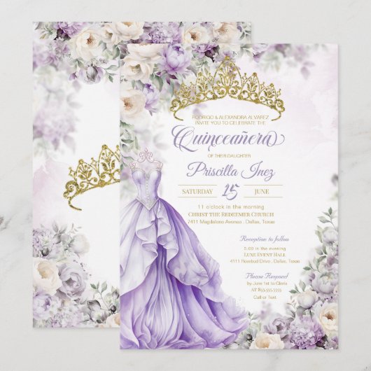Invitation Lavender Gold Elegant Gown Princesse Quinceañera (Devant / Derrière)