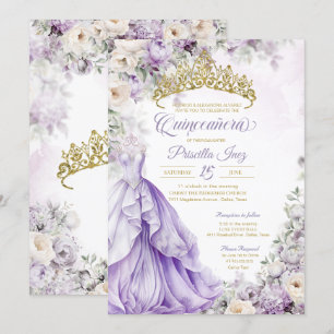 Invitation Lavender Gold Elegant Gown Princesse Quinceañera