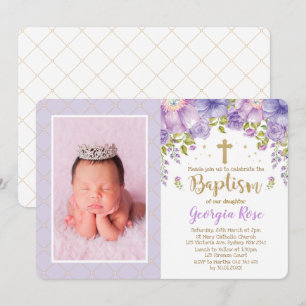 Invitation Lavender Gold Floral / Fille Baptême Christening