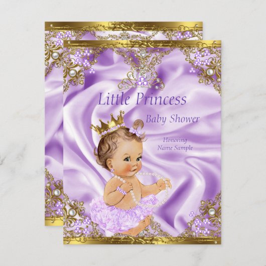 Invitation Lavender Gold Princess Baby shower Brunette Girl (Devant / Derrière)