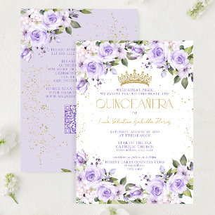 Invitation Lavender Gold QR Quinceañera Mis Quince 15 Años