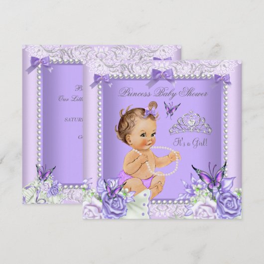 Invitation Lavender Grey Baby shower fille Brunette (Devant / Derrière)