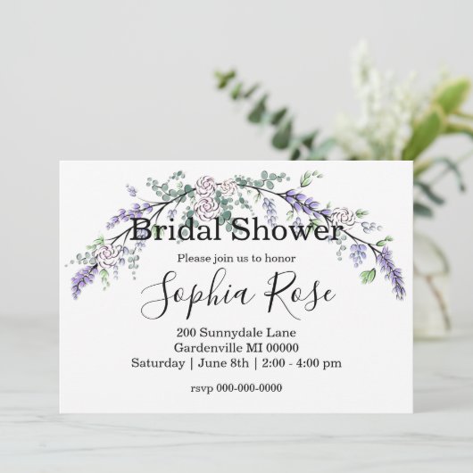 Invitation Lavender Ivory Rose et Eucalyptus (Debout devant)