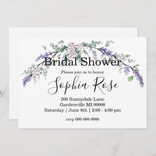 Invitation Lavender Ivory Rose et Eucalyptus (Devant / Derrière)