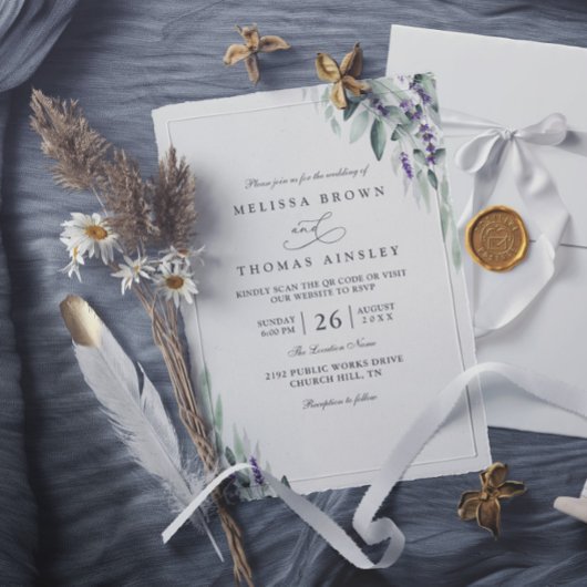 Invitation Lavender Leaves Rustic Elegant QR Code Wedding