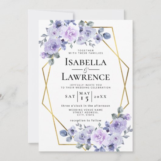 Invitation Lavender Lilac Floral Gold Frame Élégant Mariage (Devant)