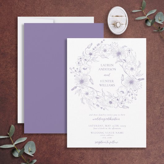 Invitation Lavender Line Art Floral Wreath Mariage