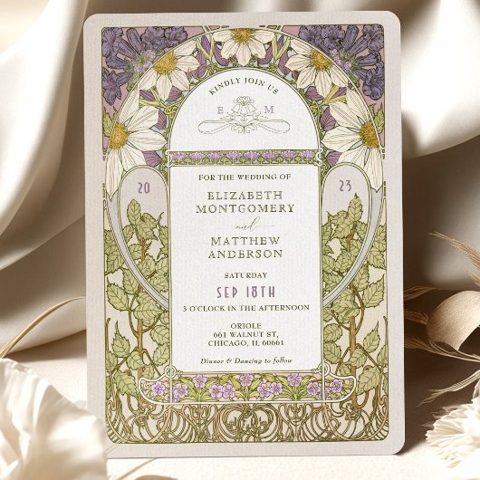 Invitation Lavender Marguerite Daisy Mariage Art Nouveau