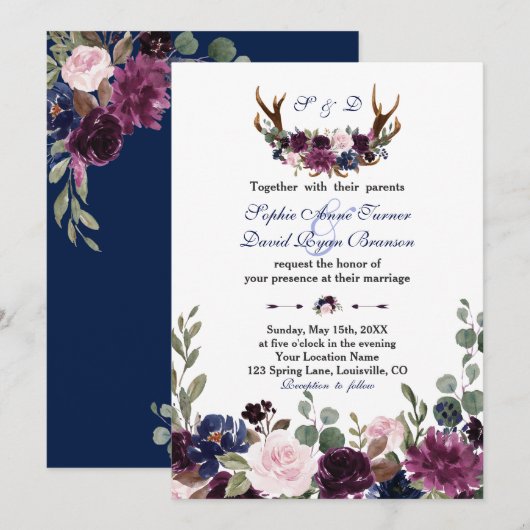 Invitation Lavender Navy Blue Floral Bloom Antlers Mariage (Devant / Derrière)
