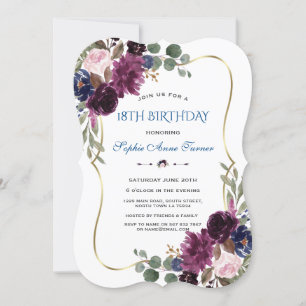 Invitation Lavender Navy Gold Floral Bloom 18e anniversaire