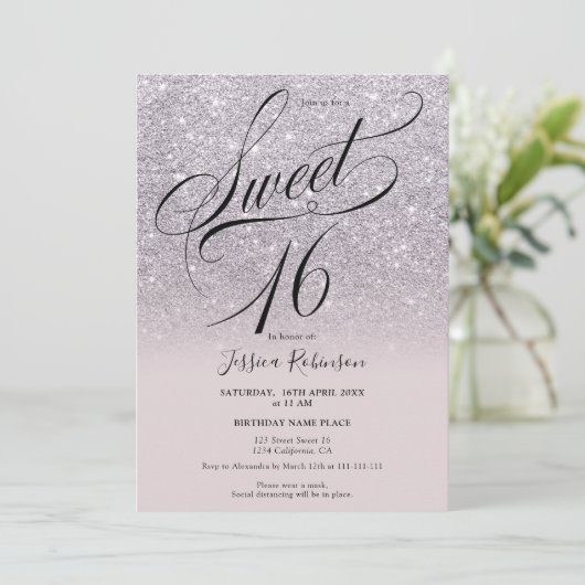 Invitation Lavender parties scintillant ombre chic script vio (Debout devant)