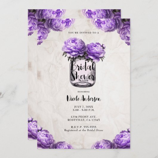 Invitation Lavender Peony Mason Jar Fête des mariées rustique (Devant / Derrière)