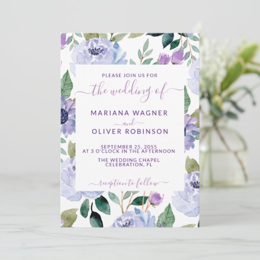 Invitation Lavender Periwinkle Floral Élégant Script (Debout devant)