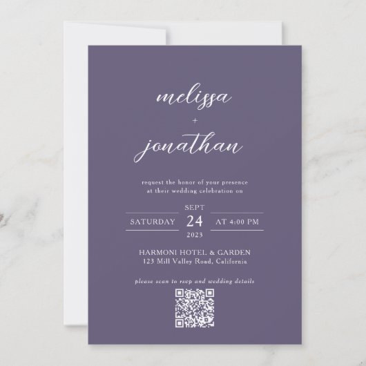 Invitation Lavender Photo Script Monogramme QR Code Mariage (Devant)