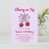 Invitation Lavender Pink Bow Cherry on Top 1st Birthday (Debout devant)