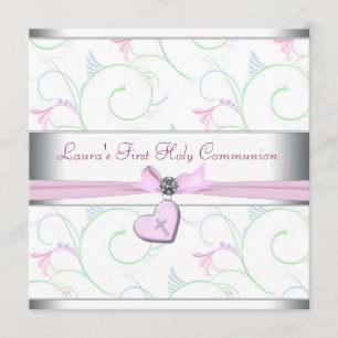 Invitation Lavender Pink Heart Pink Cross First Communion
