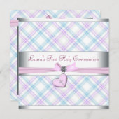 Invitation Lavender Pink Heart Pink Cross First Communion (Devant / Derrière)
