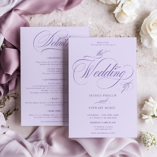Invitation Lavender Purple all in one calligraphy wedding 
