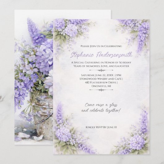 Invitation Lavender Purple Floral Clusters Birthday Party | (Devant / Derrière)