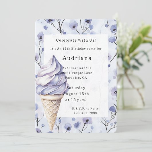 Invitation Lavender Purple Ice Cream Cones Floral Anniversair (Debout devant)