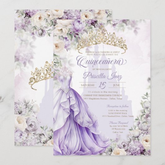 Invitation Lavender Purple Princess Fairytale Quinceañera (Devant / Derrière)