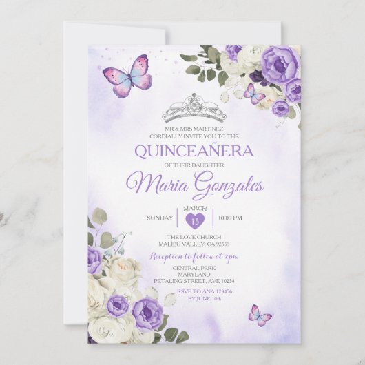 Invitation Lavender Quinceañera Crown 15 Anos Butterfly (Devant)