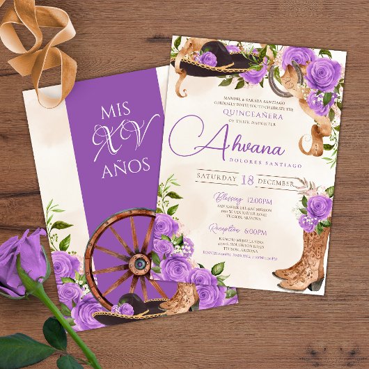 Invitation Lavender Quinceanera violet Rose Charro Ouest