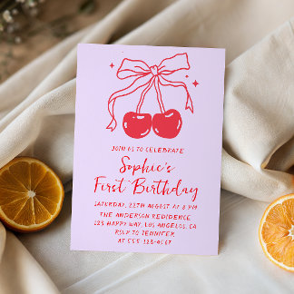 Invitation Lavender & Red Bow Cherry Fruit 1st Birthday Party
