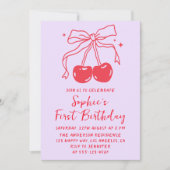 Invitation Lavender & Red Bow Cherry Fruit 1st Birthday Party (Devant)