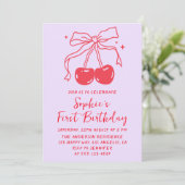Invitation Lavender & Red Bow Cherry Fruit 1st Birthday Party (Debout devant)