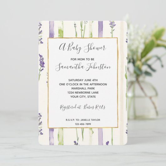Invitation Lavender Stripes Floral Baby Shower (Debout devant)