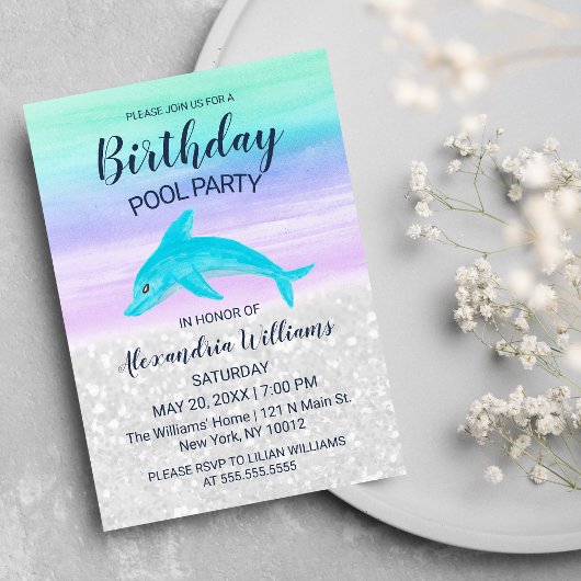 Invitation Lavender Teal White Glitter Dolphin Pool Birthday