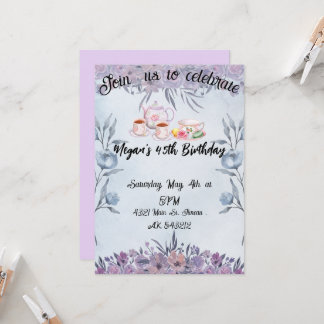 Invitation Lavender teapot flowers birthday