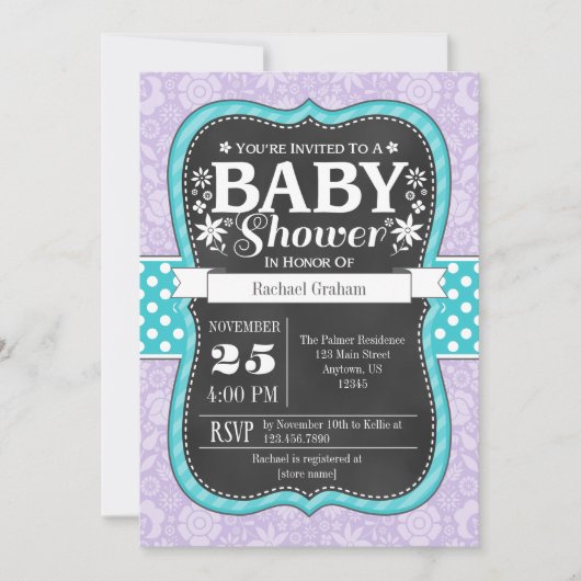Invitation Lavender Turquoise Chalkboard Floral Baby shower I (Devant)
