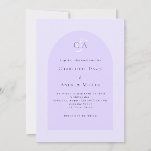 Invitation Lavender violet arche monogramme simple mariage (Devant)
