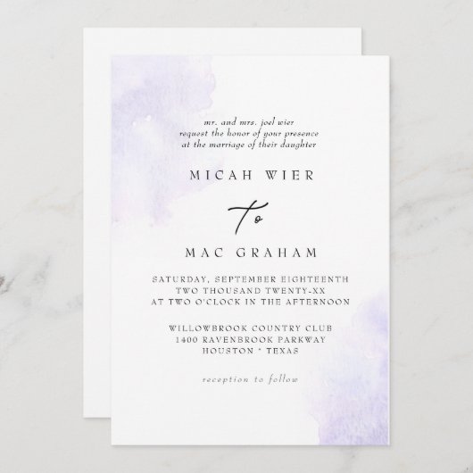 Invitation Lavender Watercolor Splash II (Devant / Derrière)