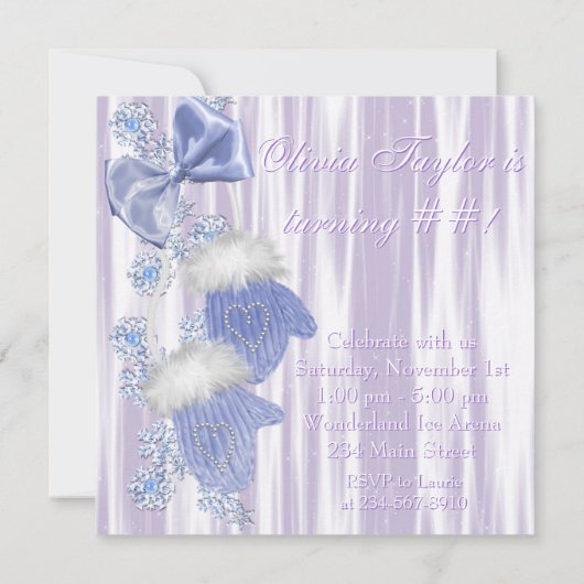 Invitation Lavender White Snowflakes Patins Ice Skates Party (Dos)