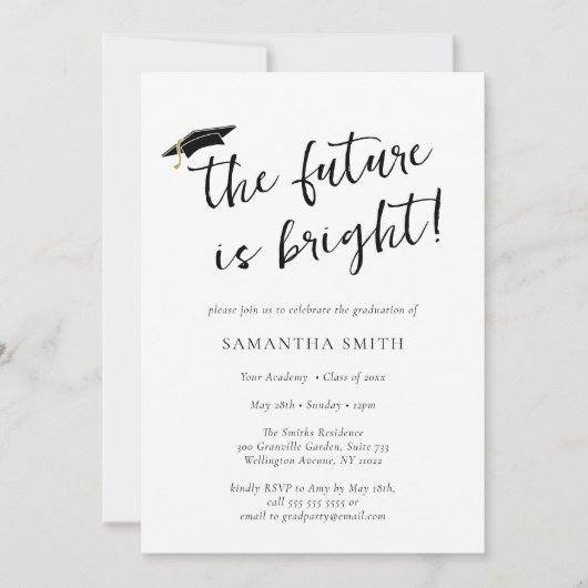 Invitation L'Avenir Est Bright Script Graduation Cap Party (Devant)