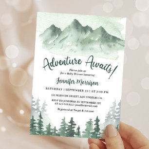 Invitation L'aventure Attend Baby Shower Forêt Verte Montagne