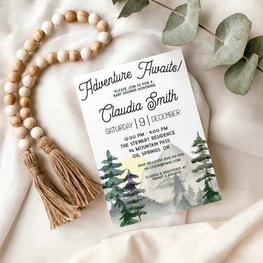 Invitation L'aventure attend ! Célébration de bébé Montagnes