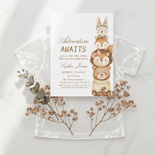 Invitation L'aventure Attend Fête de Bébé Animaux Mignons de