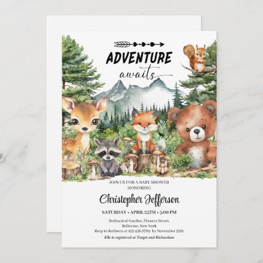 Invitation L'aventure attend Forêt Bois Animaux Douche (Devant / Derrière)