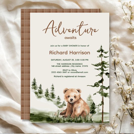 Invitation L'aventure attend le baby shower de l'ours foresti