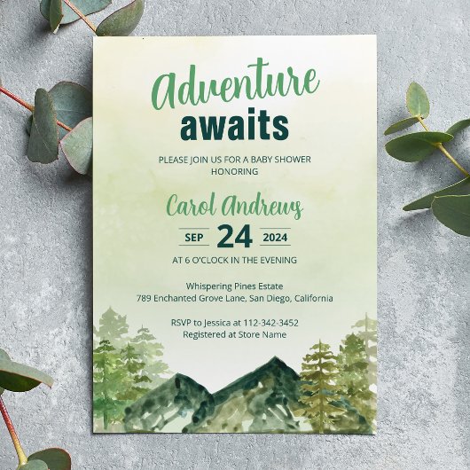 Invitation l'aventure attend le Baby shower Woodland